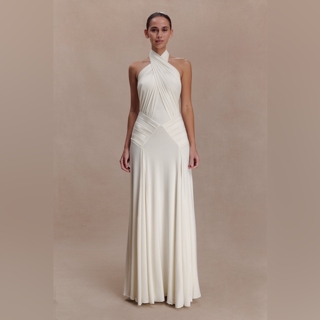 Meshki Ivory Strapless Halter Gown